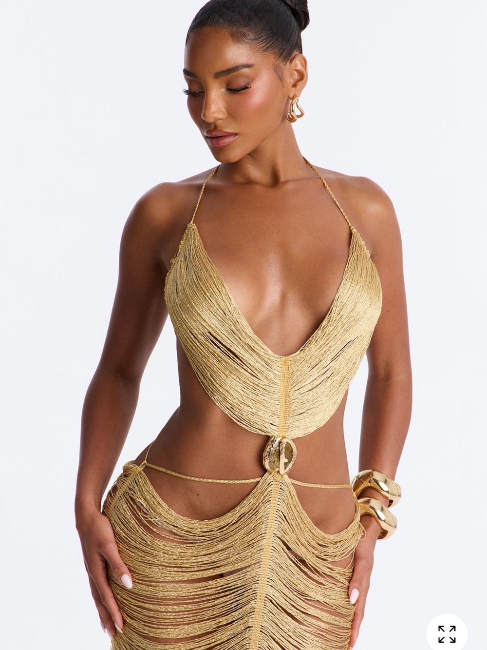 Fashion nova cult Gaia style she’s a star metallic gold fringe dress M * - Picture 2 of 3